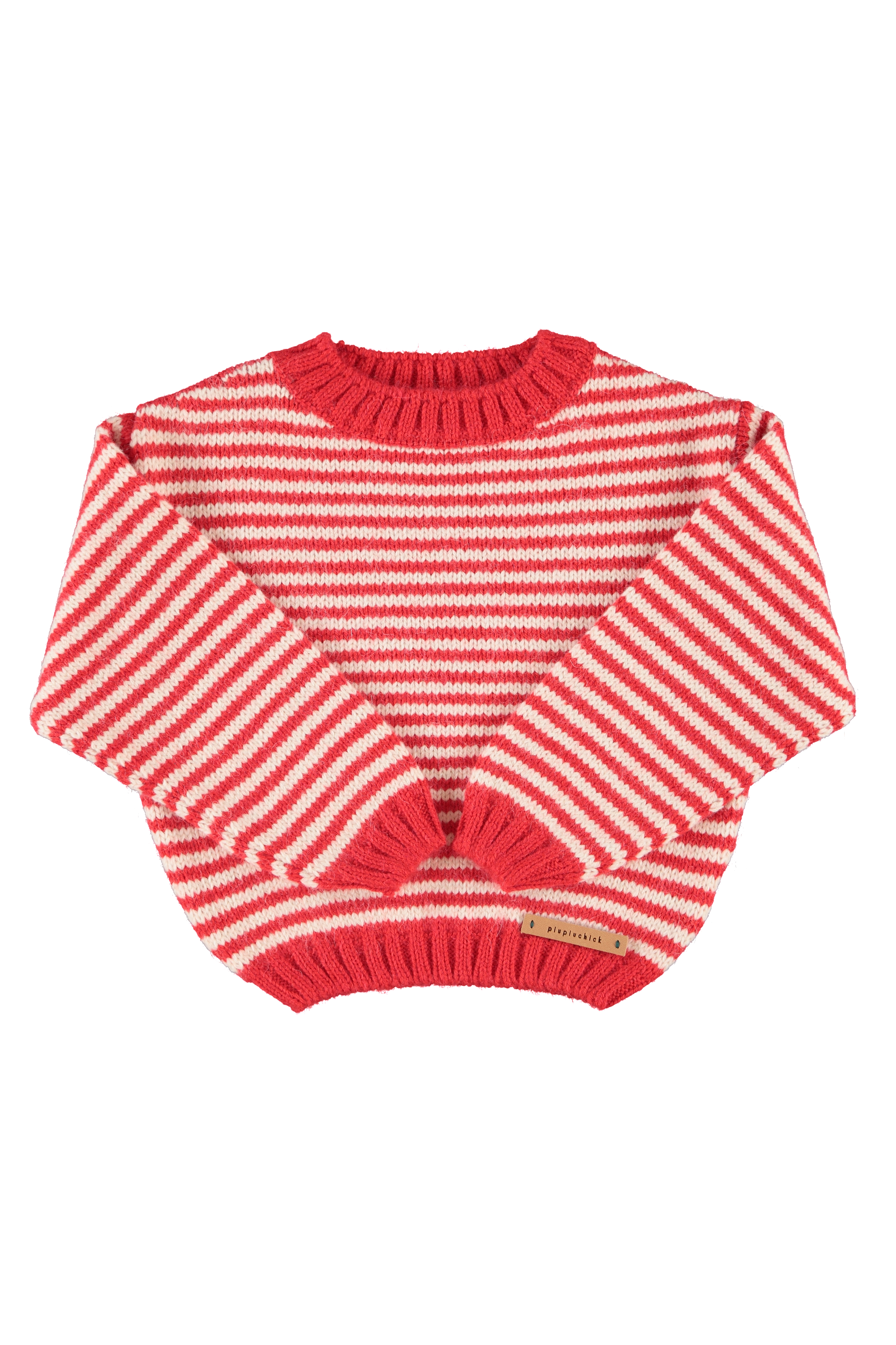 Sweter z dzianiny w kolorze ecru z czerwonymi paskami 1